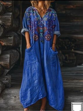 Bohemian Blue Long Sleeve Maxi Dress #30